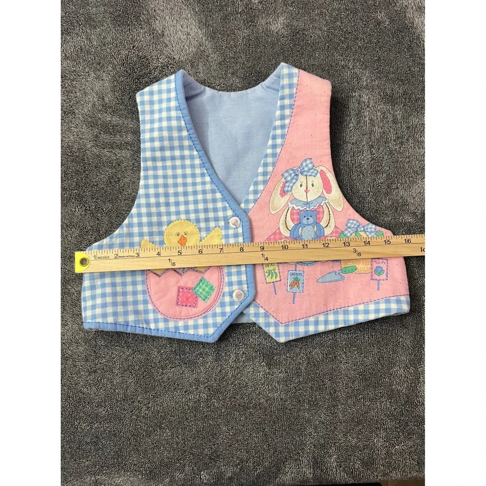 Vintage Handmade Easter Bunny Chick Patchwork Vest Blue Gingham Pink Kids Spring